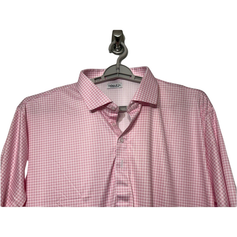 Collars and Co Polo Mens 3XL White Pink Gingham Plaid Short Sleeve Shirt Stretch